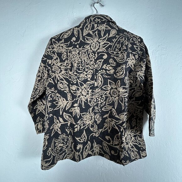 Chico's Design Womens Black Beige Floral Silk Linen Casual Shirt Jacket Size 1 - Picture 2 of 8